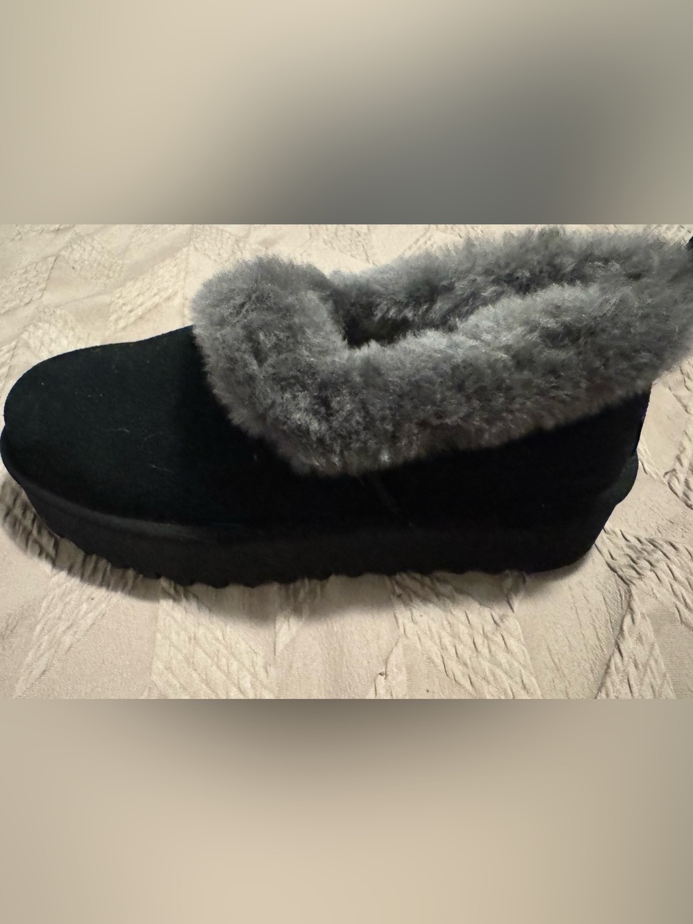 UGG Black Suede Slip-On Slipper with Gray Shearling Collar